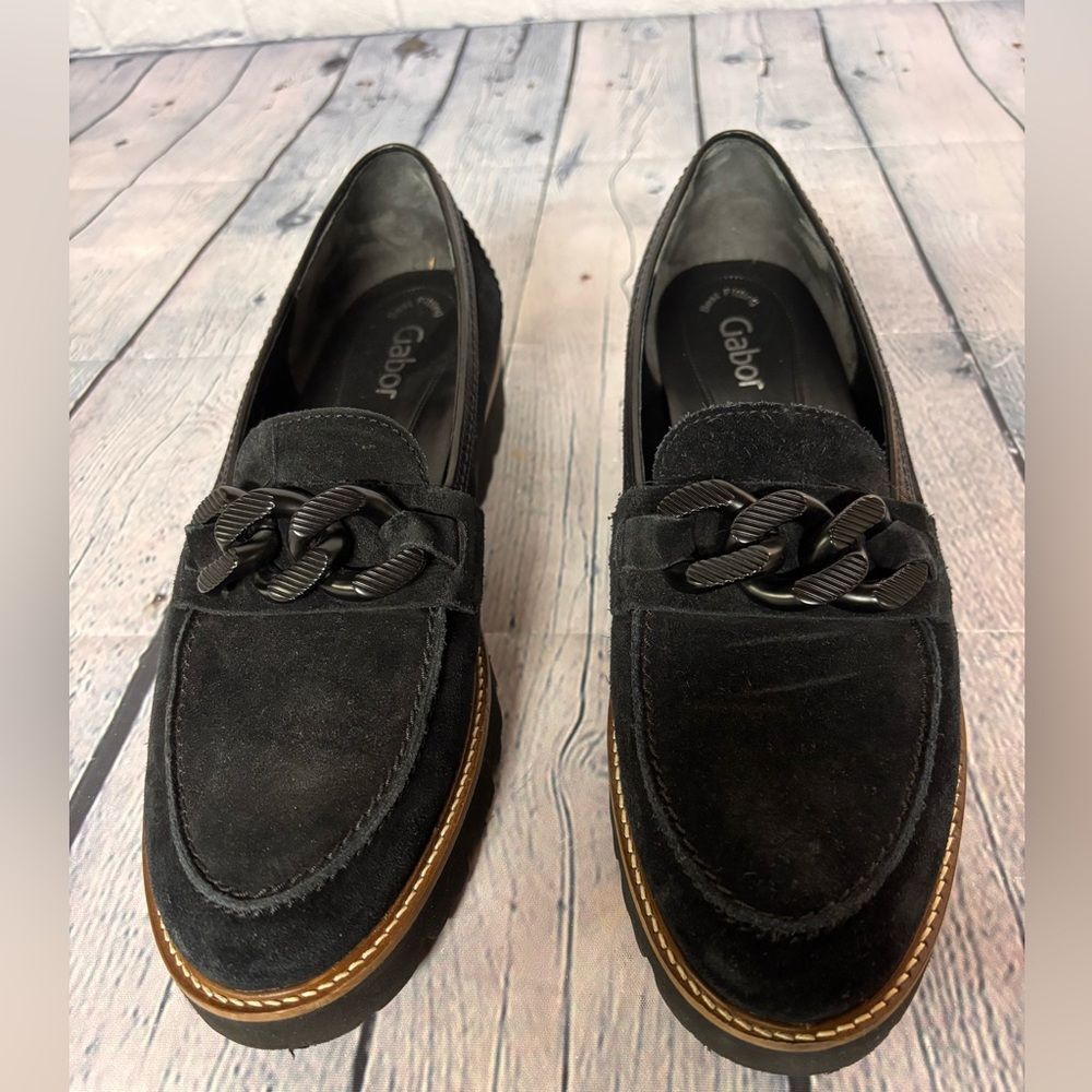 Gabor Italian Black Suede Chain Preppy Whimsigoth Y2K Classic Loafer 8/10.5